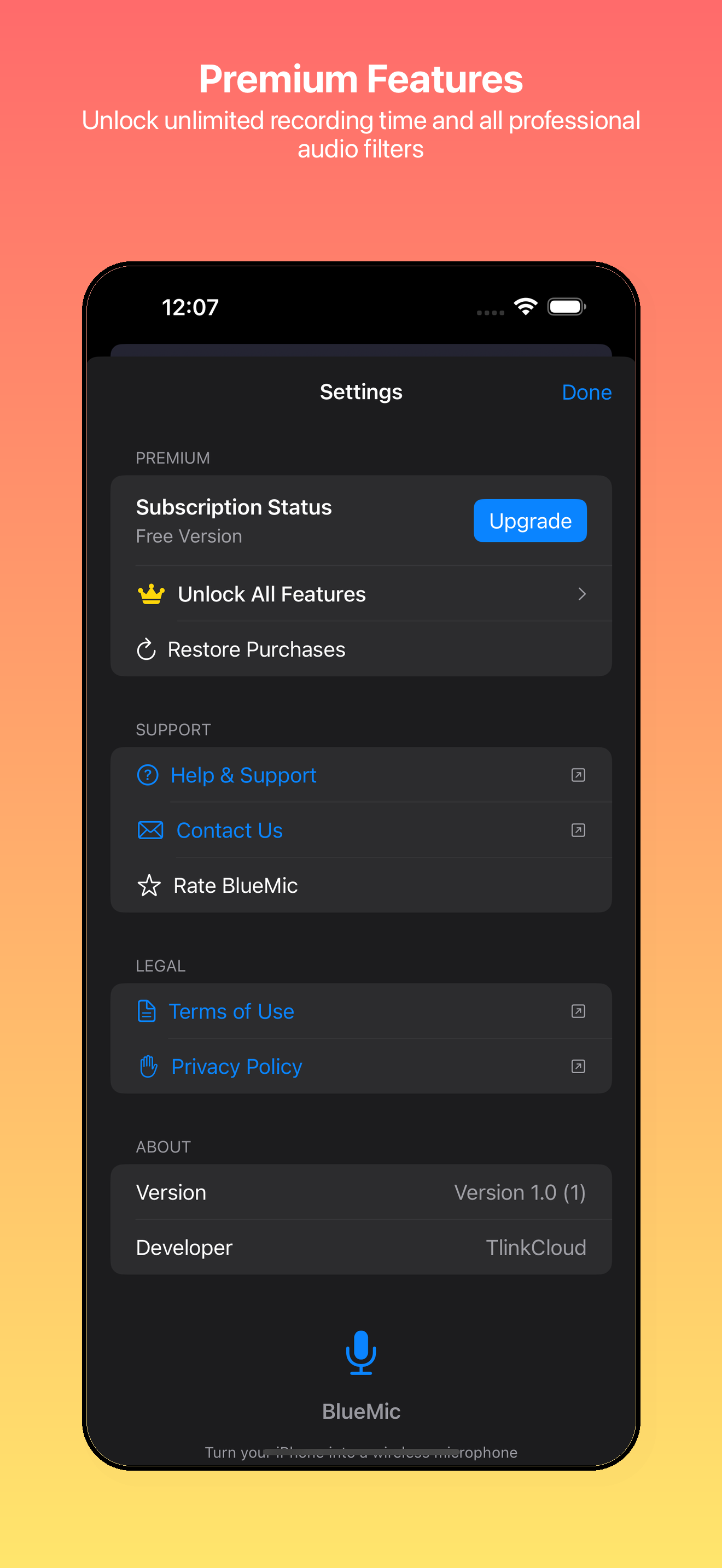Premium Features - Unlock unlimited recording time and all professional filters
